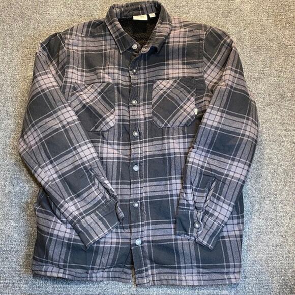 VANS Plaid Gray Black Sherpa Fleece Lined Shirt Jacket Mens Medium Classic Fit - Picture 1 of 9